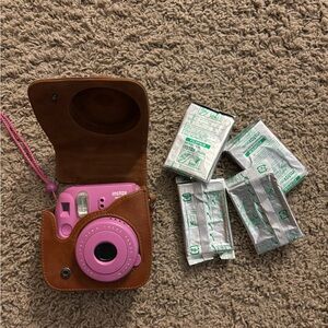 Instax Pink Camera with Brown Leather Case